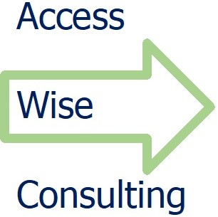 The Access Wise Consulting logo, with the all caps words ACCESS WISE CONSULTING centered in dark blue and a light green arrow through the word WISE pointing to the right.